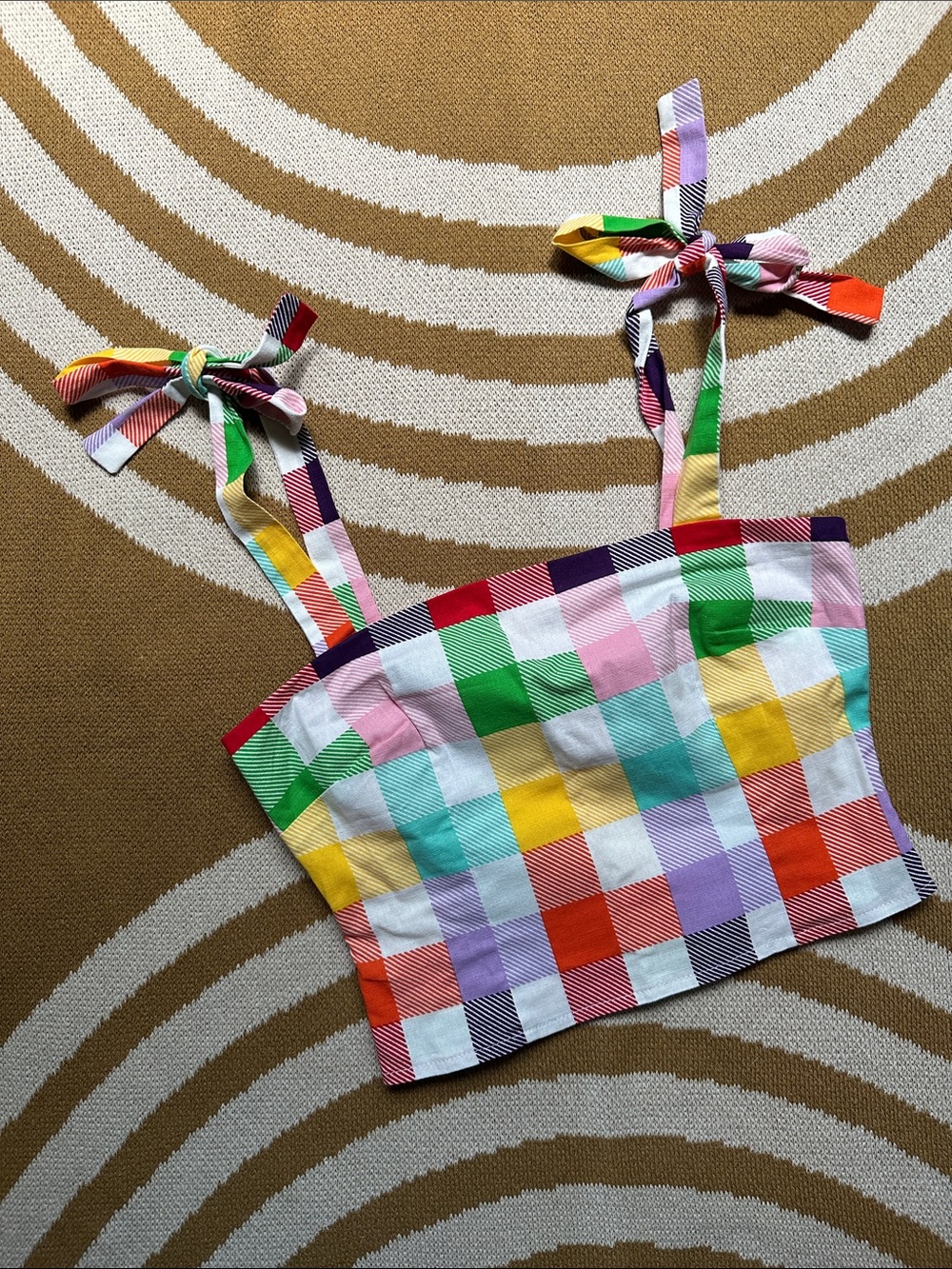 Colorblock Gingham Tie-Strap Crop Top